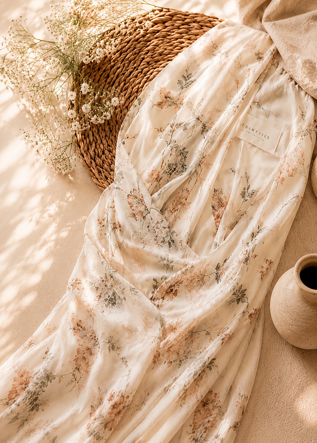 Ivory floral silk dress from the AuraWeaves edit